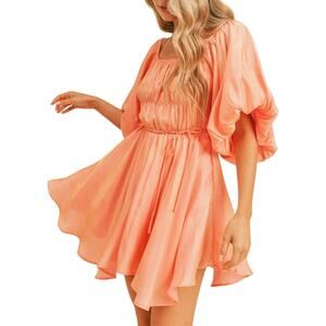 &Merci Peach Bubble Sleeve Smocked Swing Playful Mini Dress, Size S, New